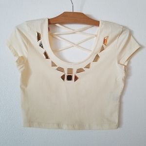 Bongo cream short sleeve crop top metallic embellishment